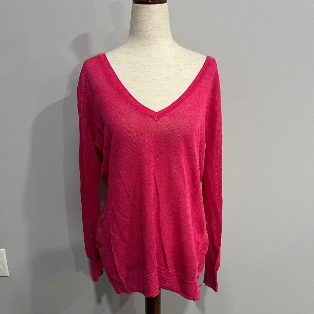 JCrew‎ Vibrant Pink V-Neck Sheer Thin Long Sleeve Sweater XS